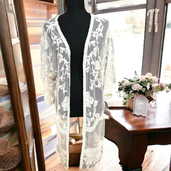 NWT Adiva Ivory Lace Open Kimono Cardigan, Women’s Size Medium - Picture 1 of 13